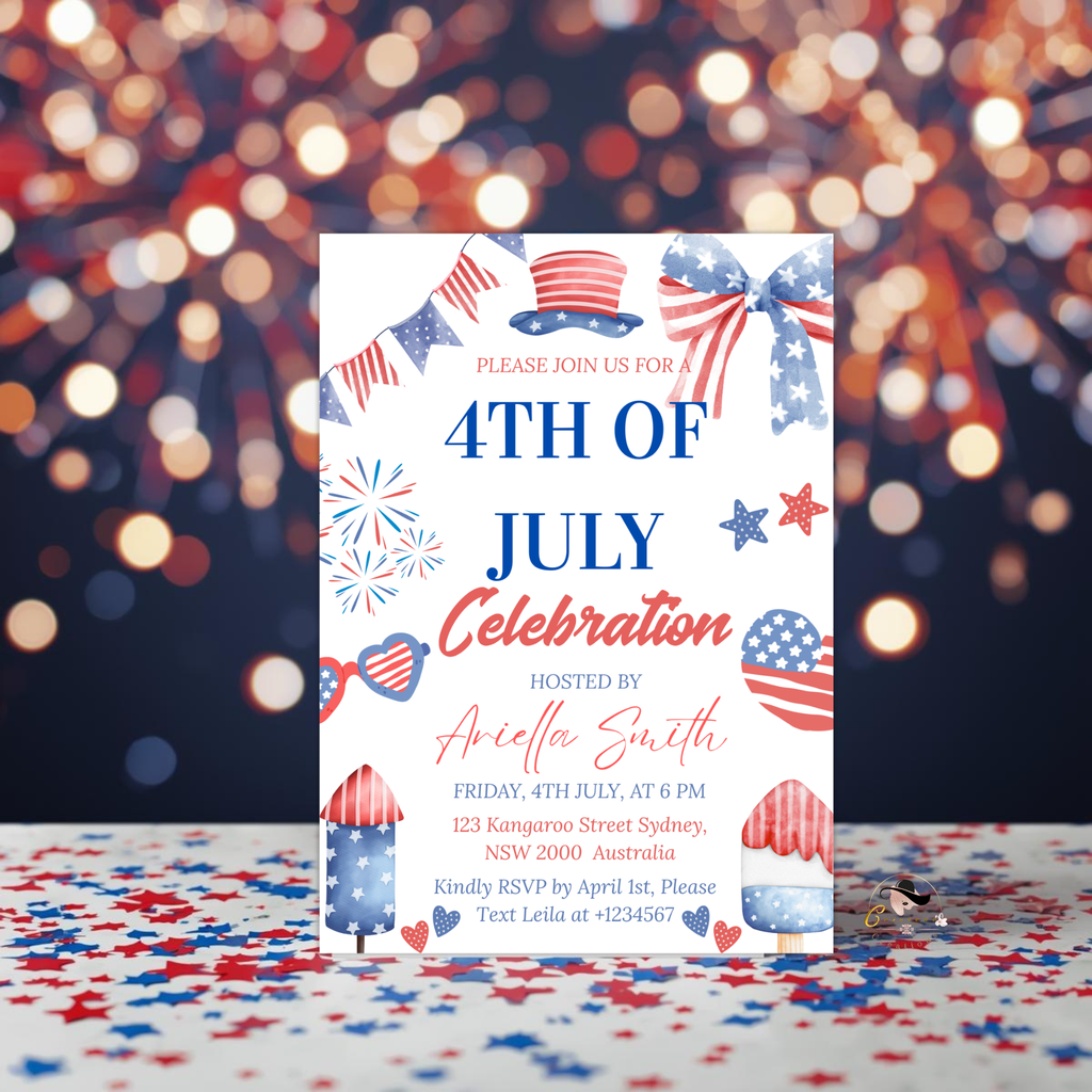 Fourth of July Invitation, 4th of July BBQ Party invite, USA Independence day, Patriotic Invite, Red White Blue, Digital Printable template