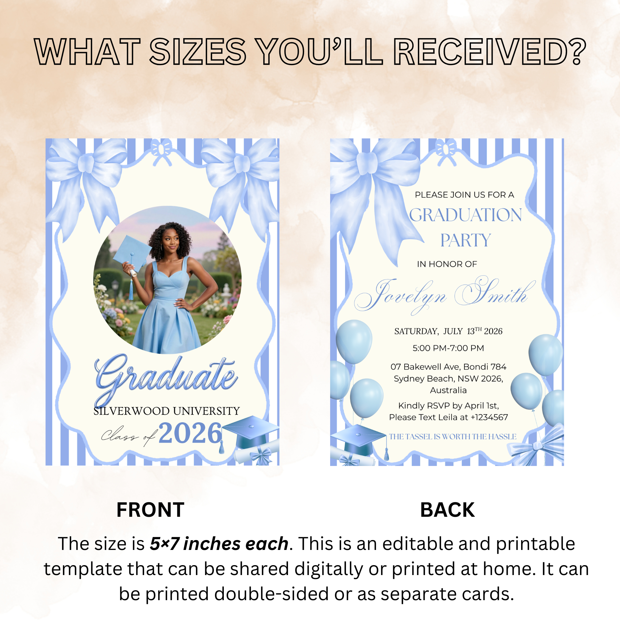 Blue Coquette Graduation Party Invitation, Senior Grad Announcement with photo invite, Bow Theme University Graduates Printable Template