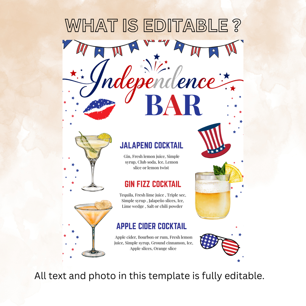 4th of July Drink Menu Sign, Patriotic Signature Drinks Bar Menu, Red White Blue Independence Day Cocktails Sign, Printable Canva Template