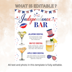 4th of July Drink Menu Sign, Patriotic Signature Drinks Bar Menu, Red White Blue Independence Day Cocktails Sign, Printable Canva Template