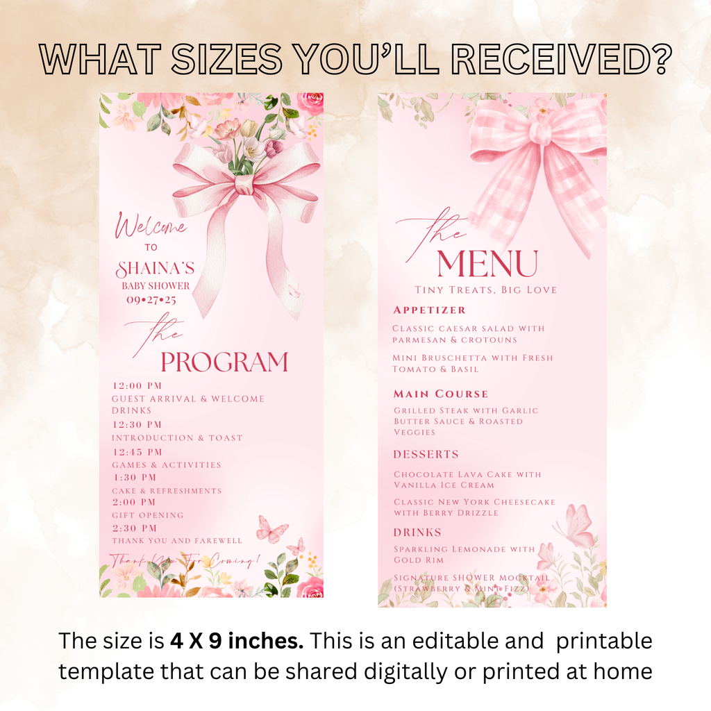 Baby Shower Menu and Program Template, Pink Wildflower Bow Coquette Theme, Baby Girl Shower Itinerary Card Editable Canva Printable Template