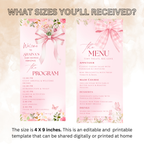 Baby Shower Menu and Program Template, Pink Wildflower Bow Coquette Theme, Baby Girl Shower Itinerary Card Editable Canva Printable Template