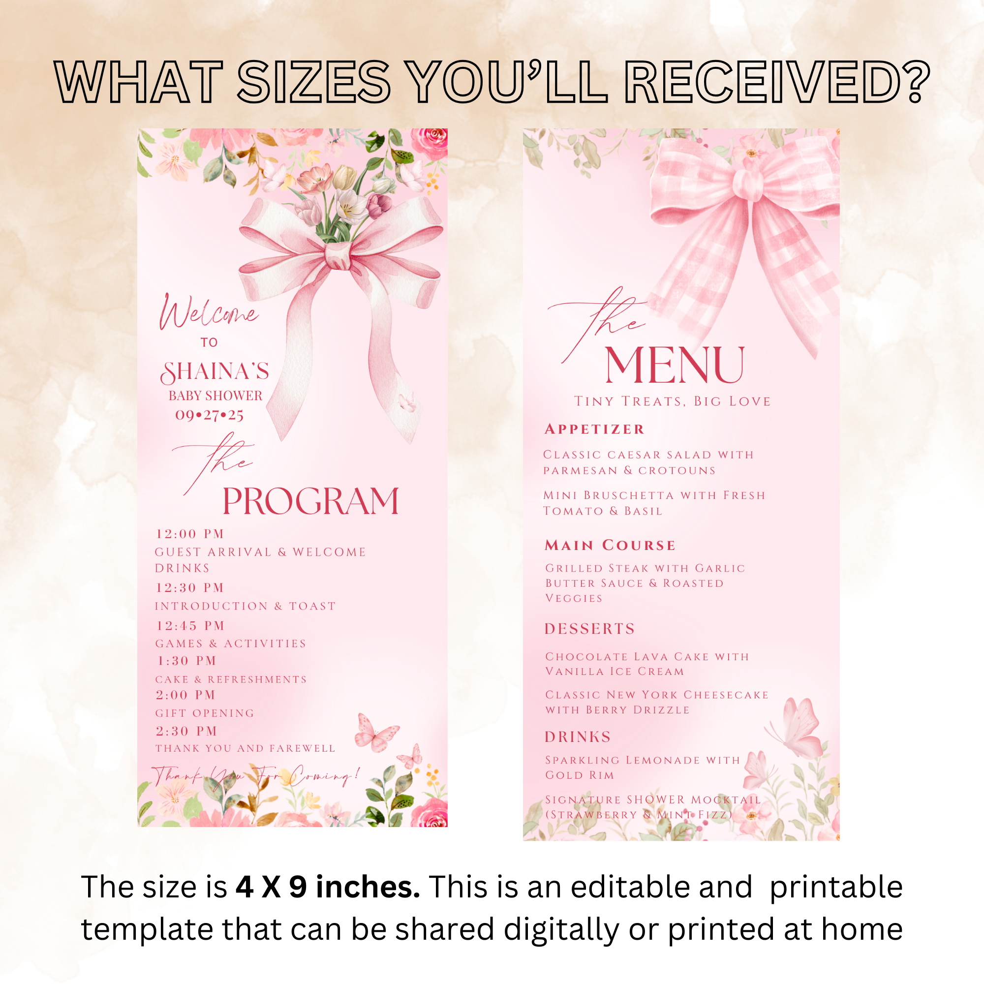 Baby Shower Menu and Program Template, Pink Wildflower Bow Coquette Theme, Baby Girl Shower Itinerary Card Editable Canva Printable Template