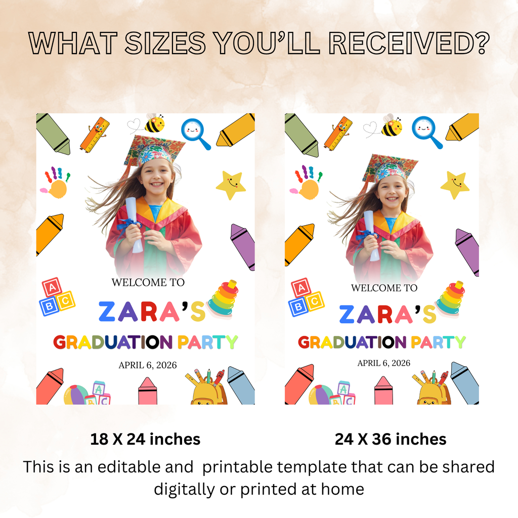Preschool Graduation Welcome Sign with Photo, Kindergarten Kids Grad Poster Sign, Colorful Party Decor Canva Printable Template