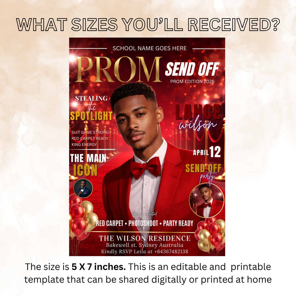 Red Gold Prom Send Off Party Invitation, Prom King with photo invite, Boys Prom Night Flyer Card High School Prom Digital Printable Template