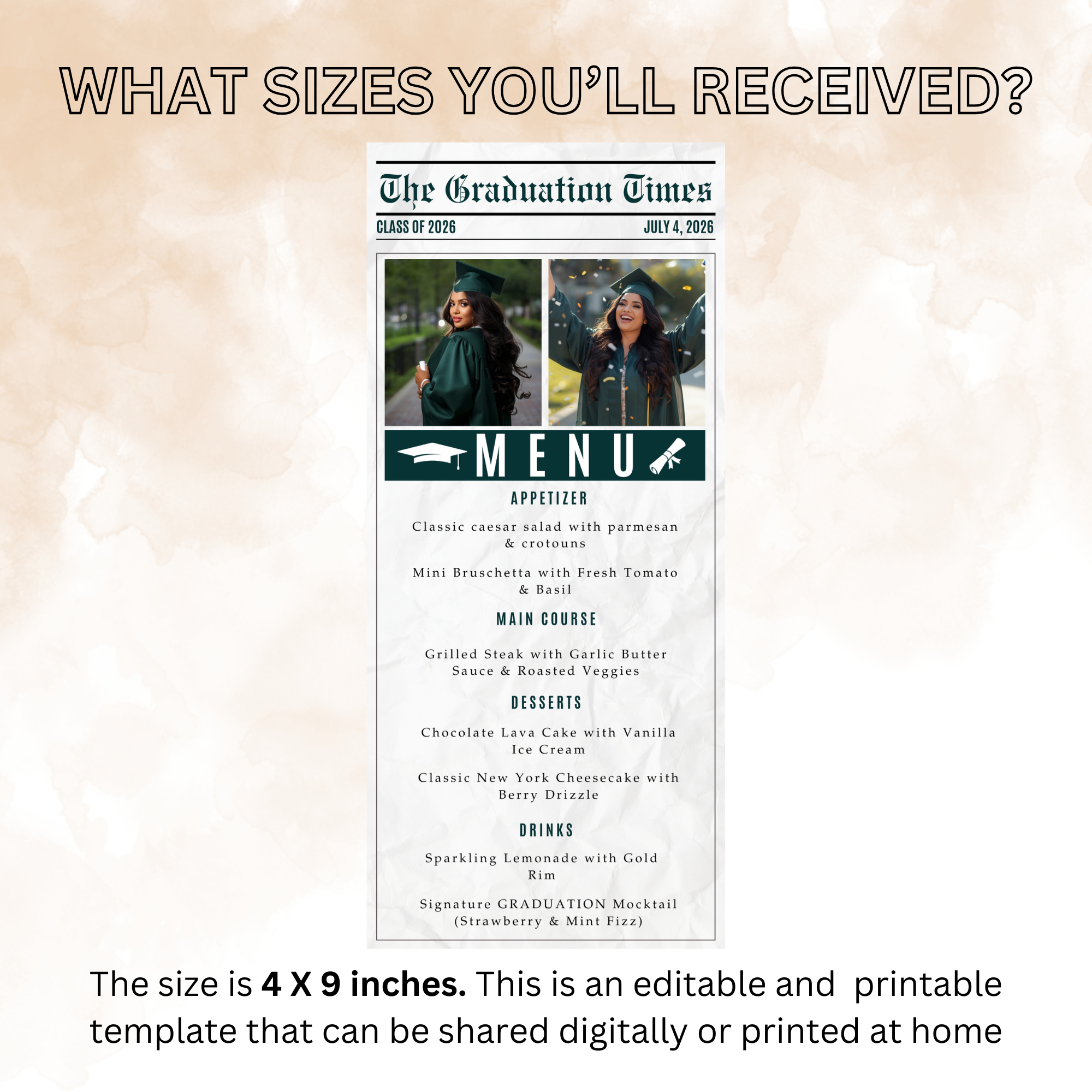 Senior Graduation Newspaper Menu with Photo, Green Class of 2026 Dinner Party Menu For Him and Her, Grad Brunch Menu Card Printable Template
