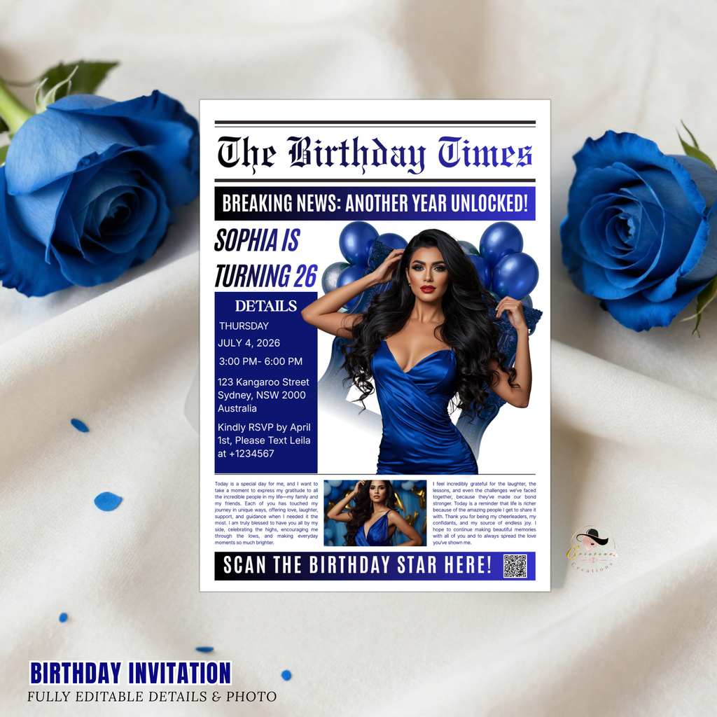 Birthday Newspaper Invitation with Photo, Elegant Dinner Party & Brunch Celebration Invite For Him and Her, Blue Editable Canva Template