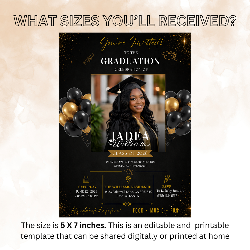Graduation Invitation with Photo for Him and Her, Class of 2026 High School College Grad Party Invite Black Gold Editable Printable Template