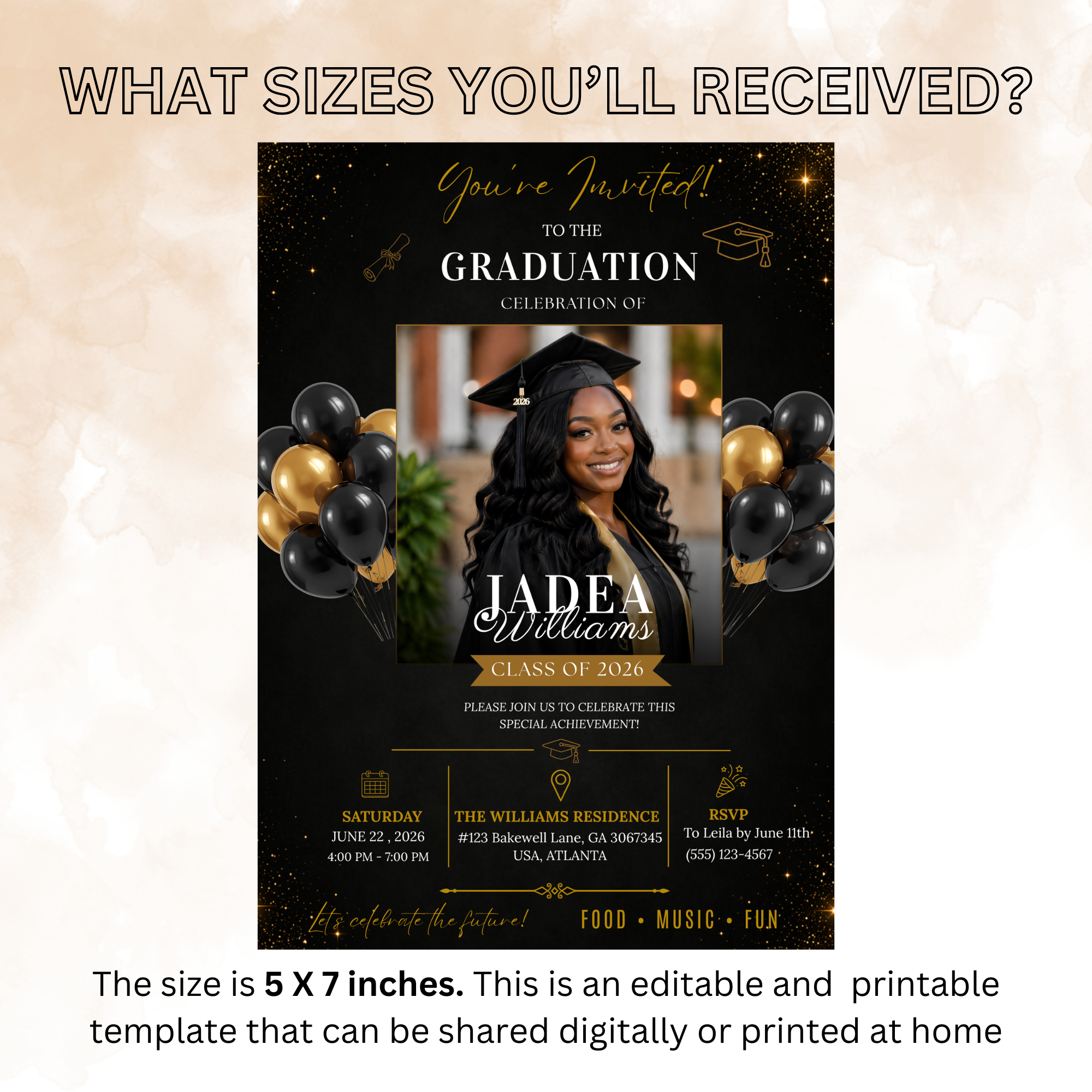 Graduation Invitation with Photo for Him and Her, Class of 2026 High School College Grad Party Invite Black Gold Editable Printable Template