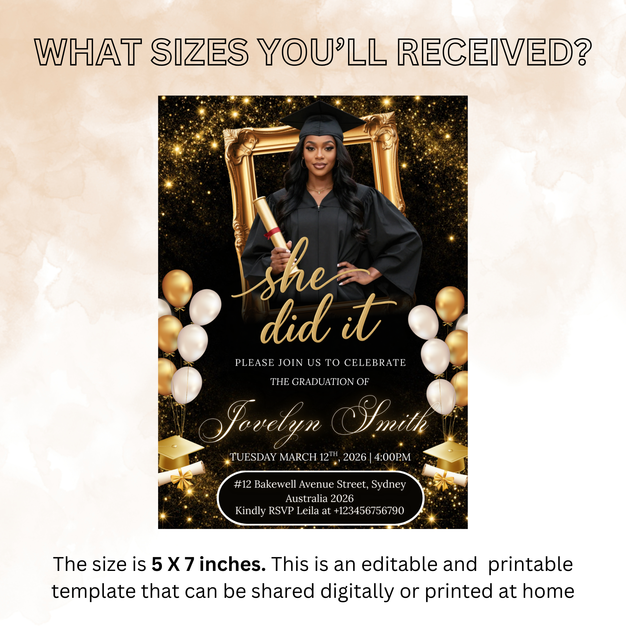 Black Gold Graduation Announcement Invitation, She Did It invite, Senior Grad Party with photo invite, Digital Printable Template