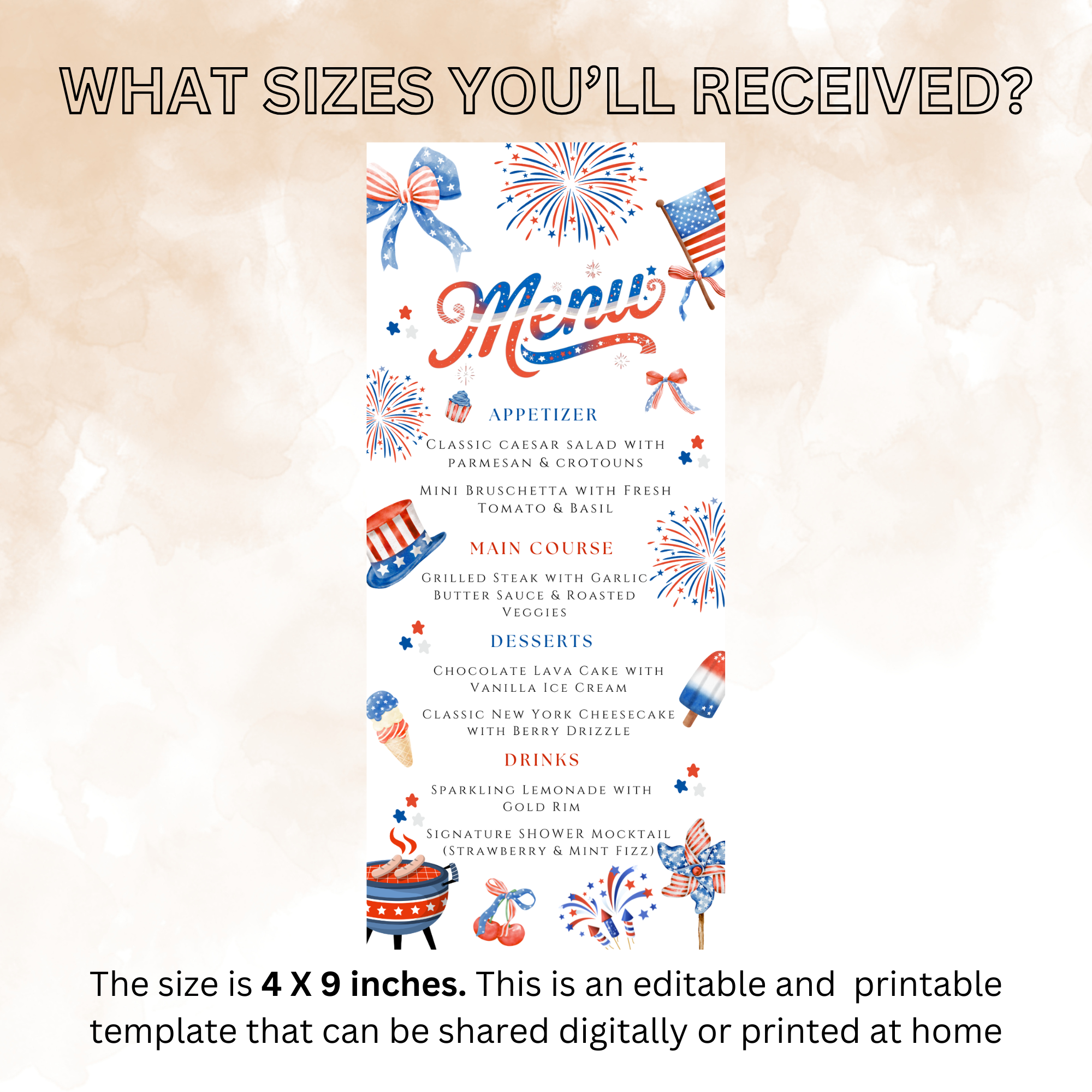 4th of July Menu Template, USA Independence Day BBQ Cookout Menu, Patriotic Dinner Brunch Party Menu, Red White Blue, Editable Printable