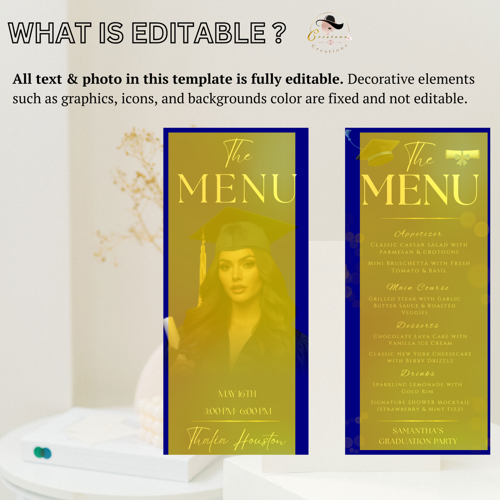 Blue Graduation Menu with Photo, High School College Grad Dinner Menu Class of 2026, Girl Boy Graduates Menu Card, Editable Canva Template