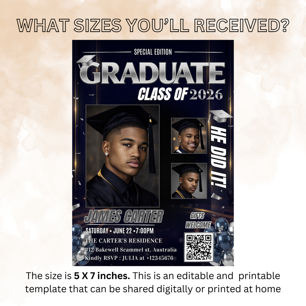 Boy Graduation Invitation, Senior Grad Party with photos invite, Male College High school Graduates Announcement, Blue Silver Flyer Template