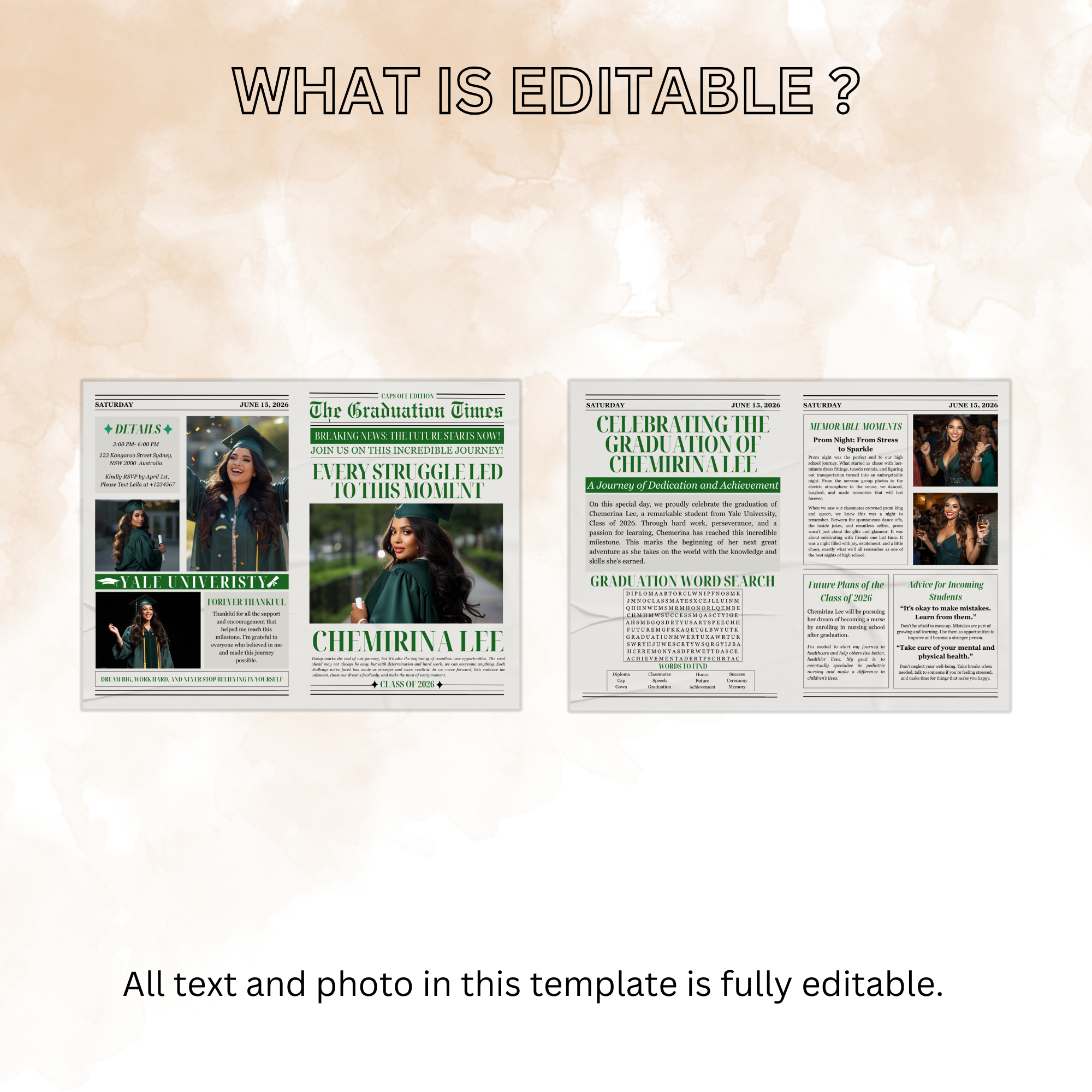 Class of 2026 Graduation Newspaper Template with Photo, Green Grad Announcement for Boys and Girls, Canva Editable Digital Printable