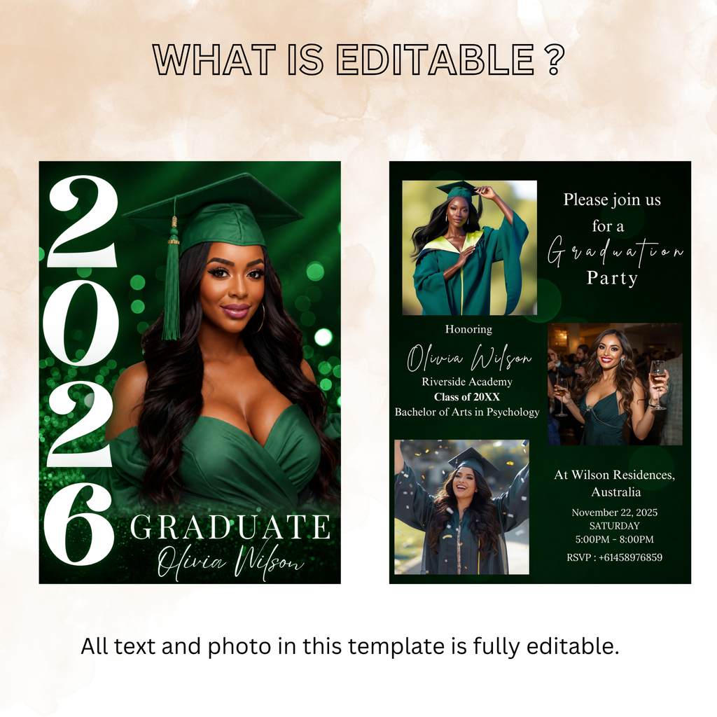 Green Graduation Invitation with Photo, Class of 2026 Grad Announcement for High School College, Girl Boy Graduate, Printable Canva Template