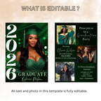 Green Graduation Invitation with Photo, Class of 2026 Grad Announcement for High School College, Girl Boy Graduate, Printable Canva Template