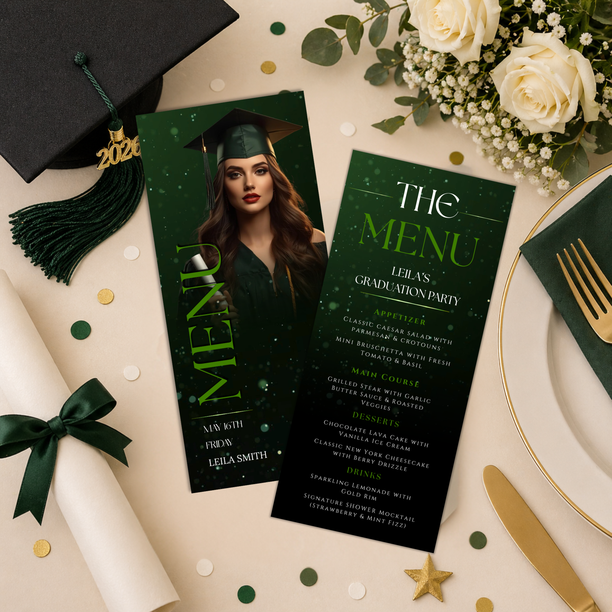 Green Graduation Menu Template with Photo, Grad Dinner or Brunch Menu Card, Class of 2026 Party Menu for Him and Her, Canva Printable