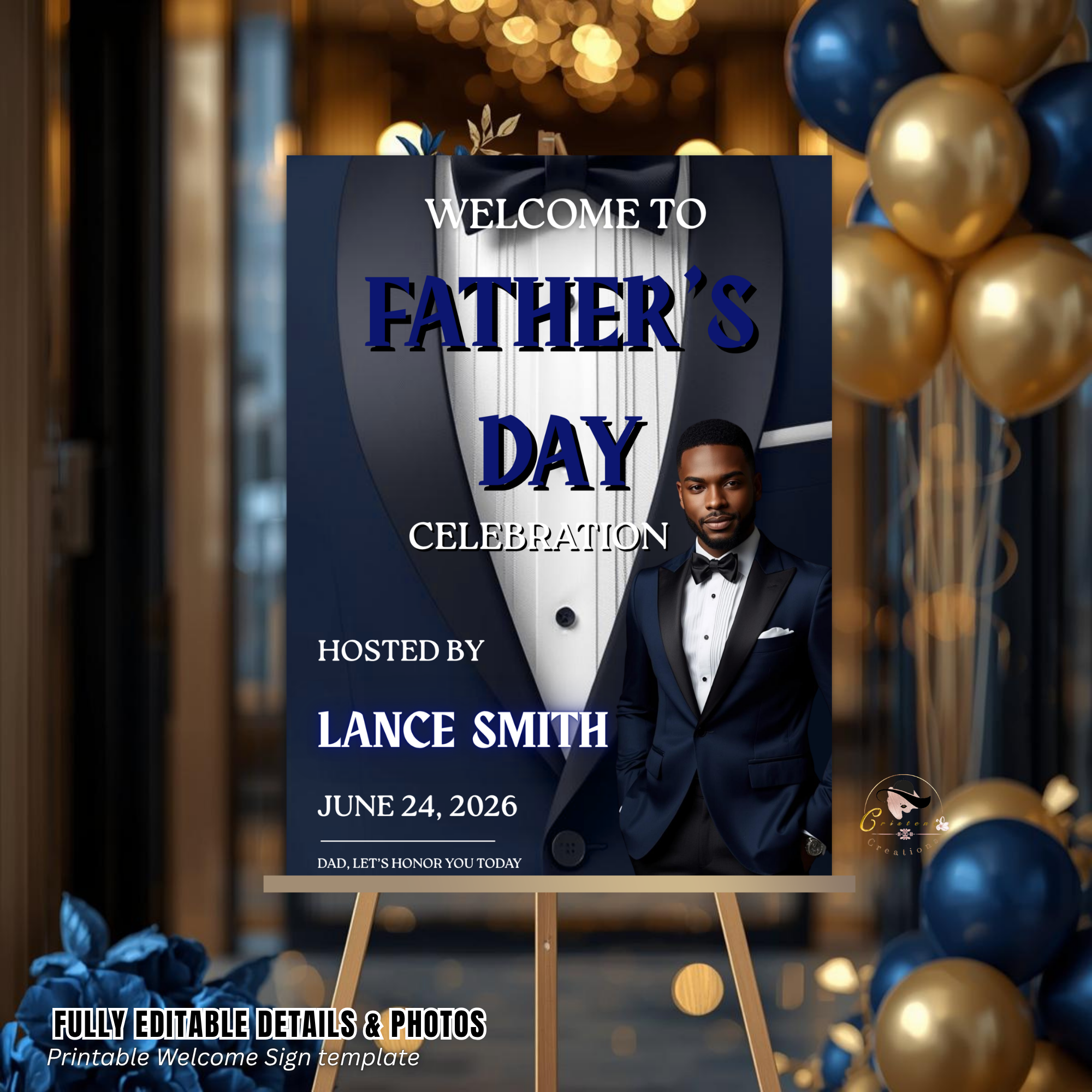 Blue Fathers Day Welcome Sign with Photo, Elegant Tuxedo Gentleman Party Sign, Birthday Retirement Sign For Him, Printable Editable Template