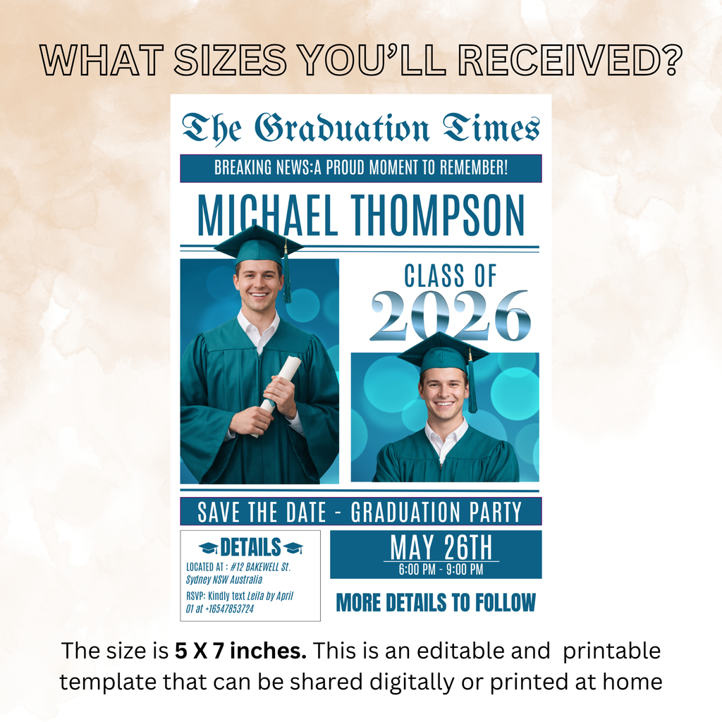 Teal Graduation Save the Date Invitation, Newspaper Grad Party with photo Invite, High School Class 2026 Boy Girl Digital Printable Template