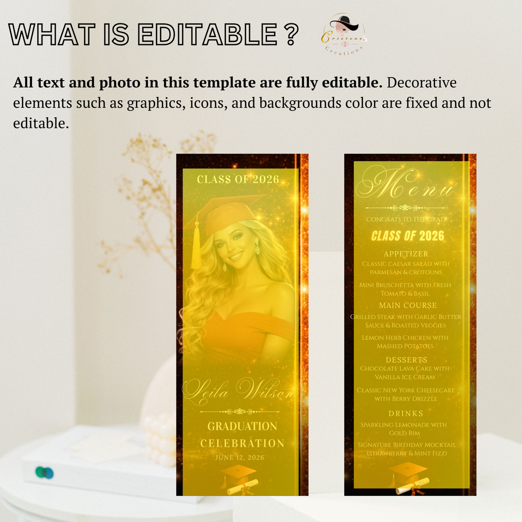 Orange Graduation Menu Card, Class of 2026 Menu with photo, Elegant Grad Dinner Menu Template, Boy Girl Menu, Editable Canva Printable