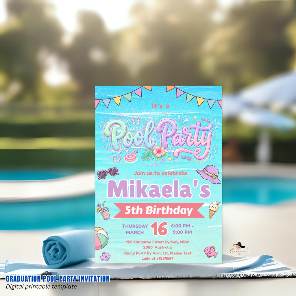 Pool Party Birthday Invitation for Girl, Kids Summer Beach Party Invite, Aloha Luau Invite, Printable Digital Editable Canva Template