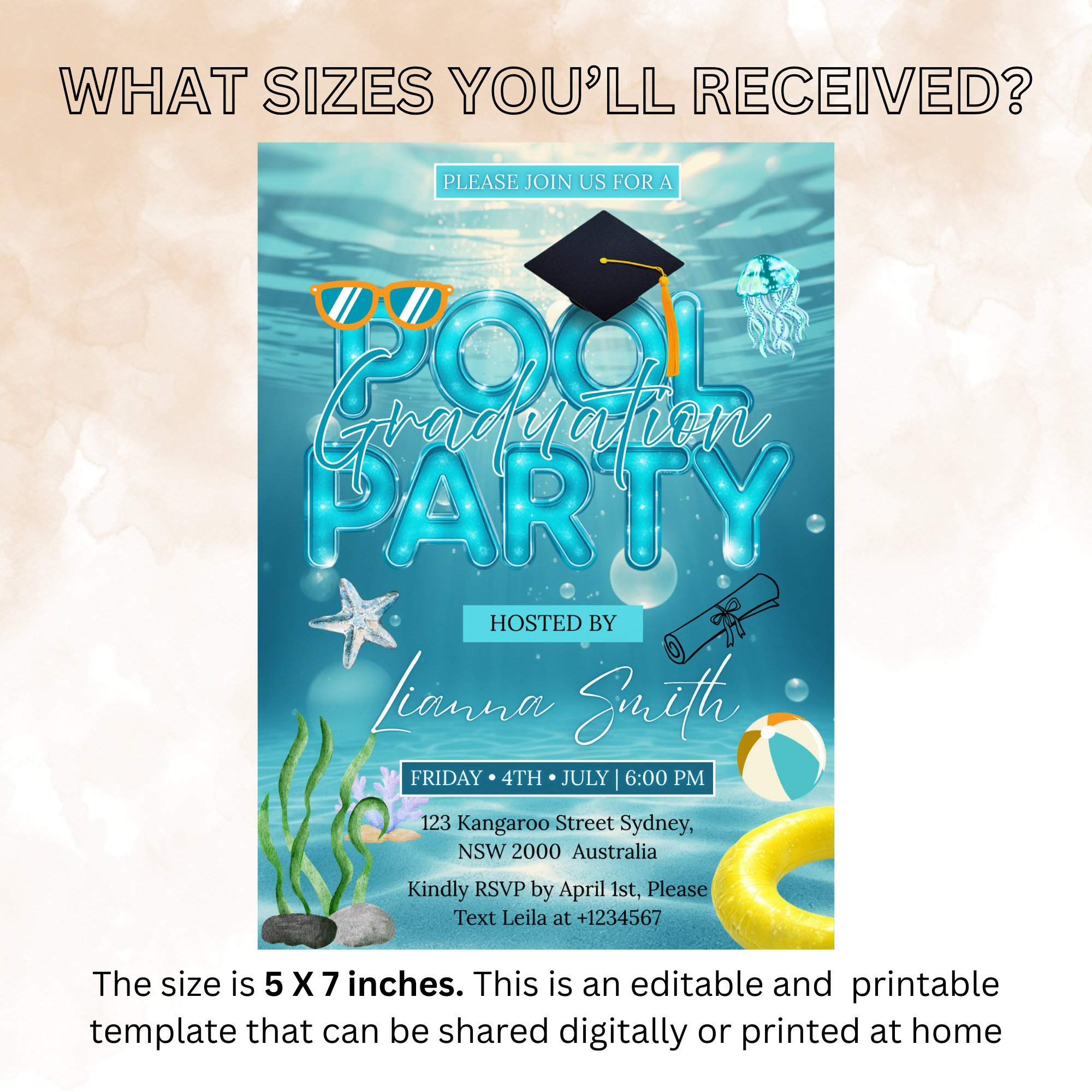 Graduation Pool Party Invitation, Senior High School College Grad Announcement Party Invite for Him and Her, Editable Canva Template