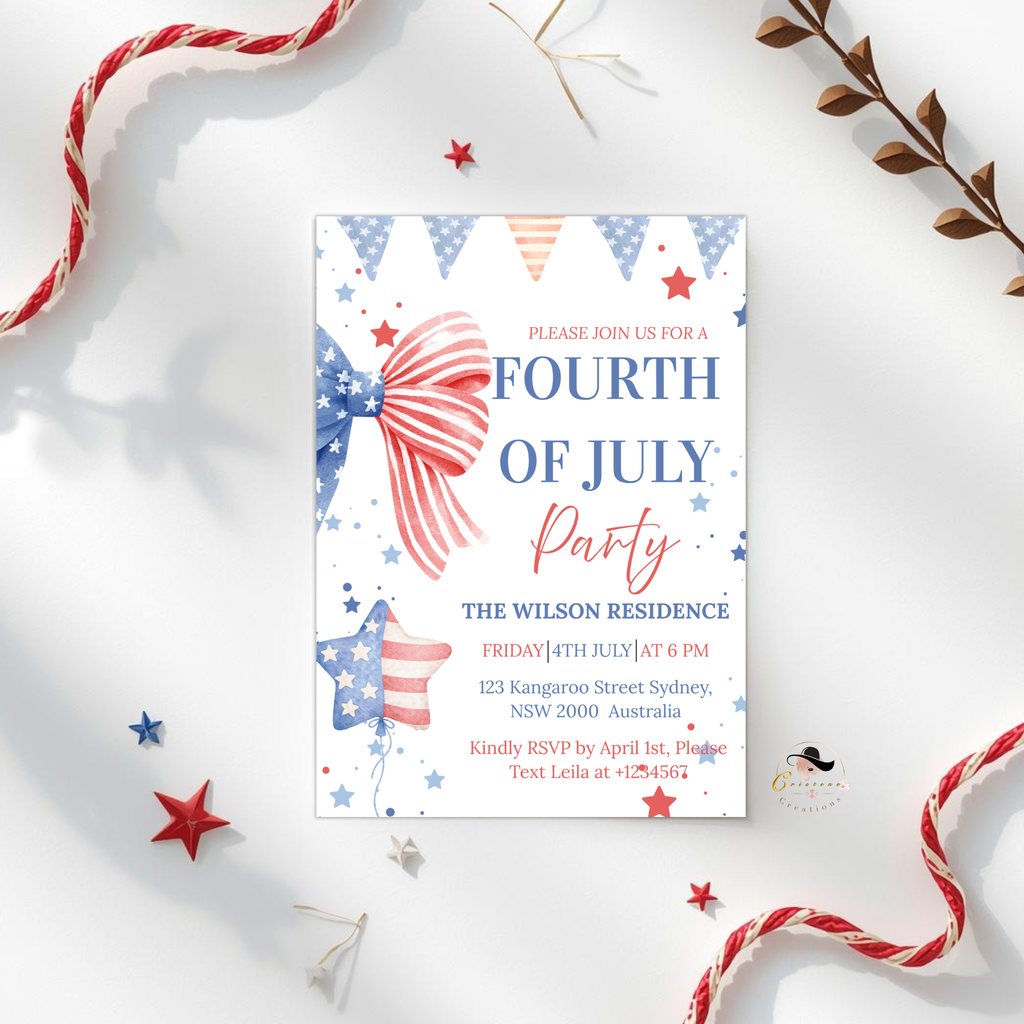 Bow 4th of July Invitation, Fourth of July BBQ invite, USA Independence day, Patriotic Invite, Red White Blue, Digital Printable template