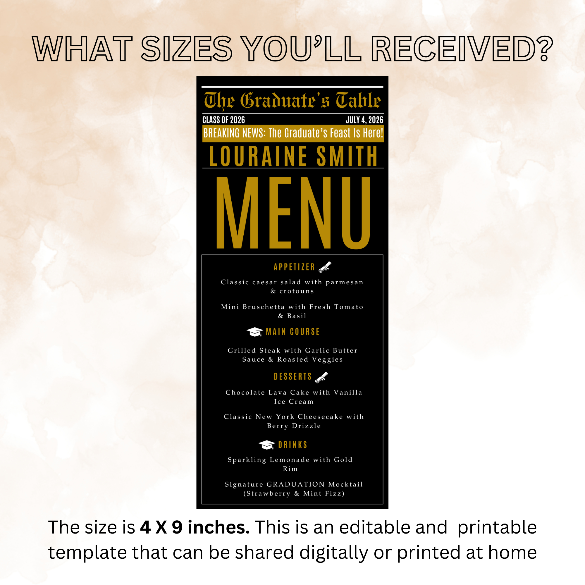 Black Gold Graduation Newspaper Menu, Class of 2026 Dinner Brunch Menu Template, Printable for Him and Her High School College Menu Card