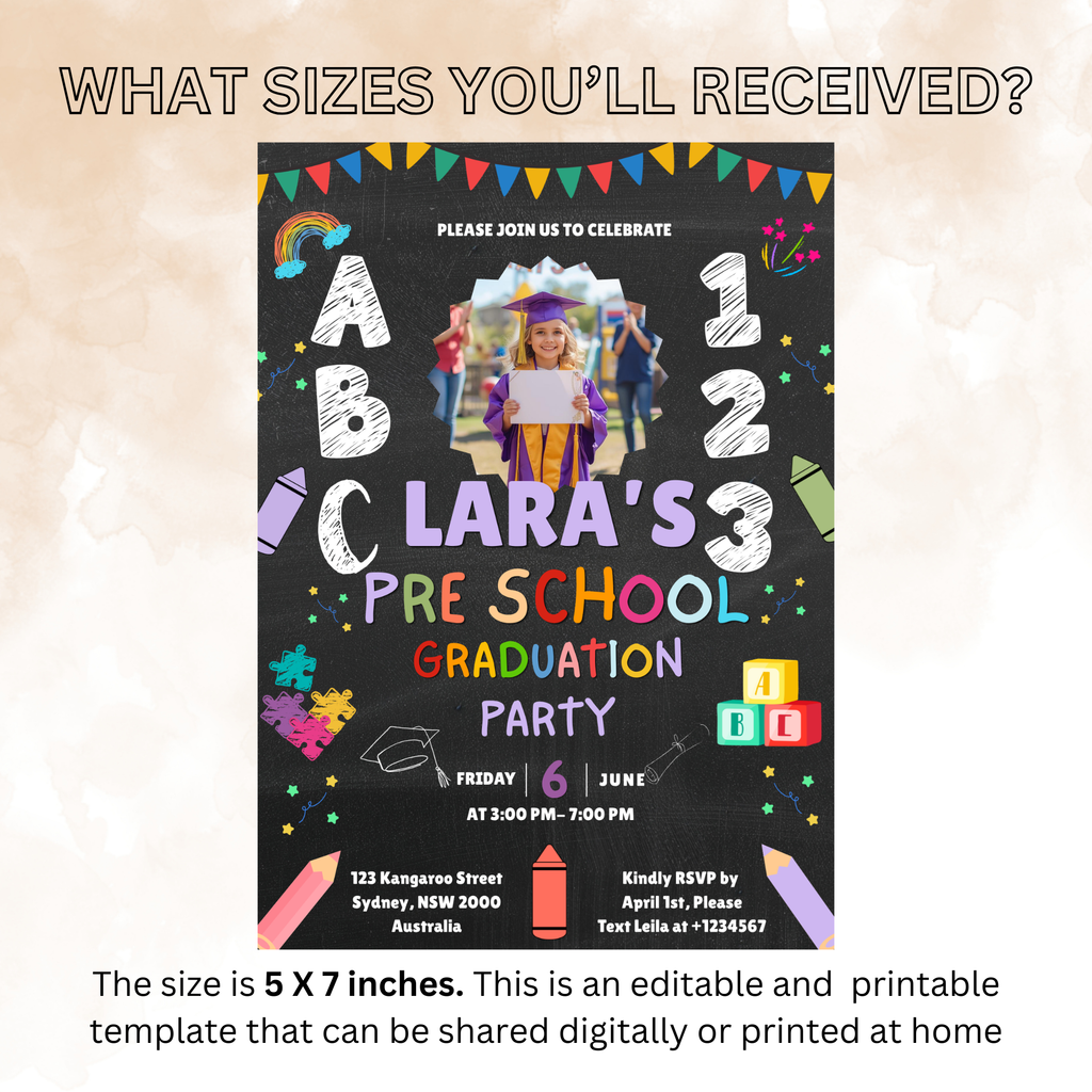 Kindergarten Graduation Invitation with Photo, Pre K Grad Invite, Class of 2026 Kids Graduation Party, Preschool Editable Canva Template