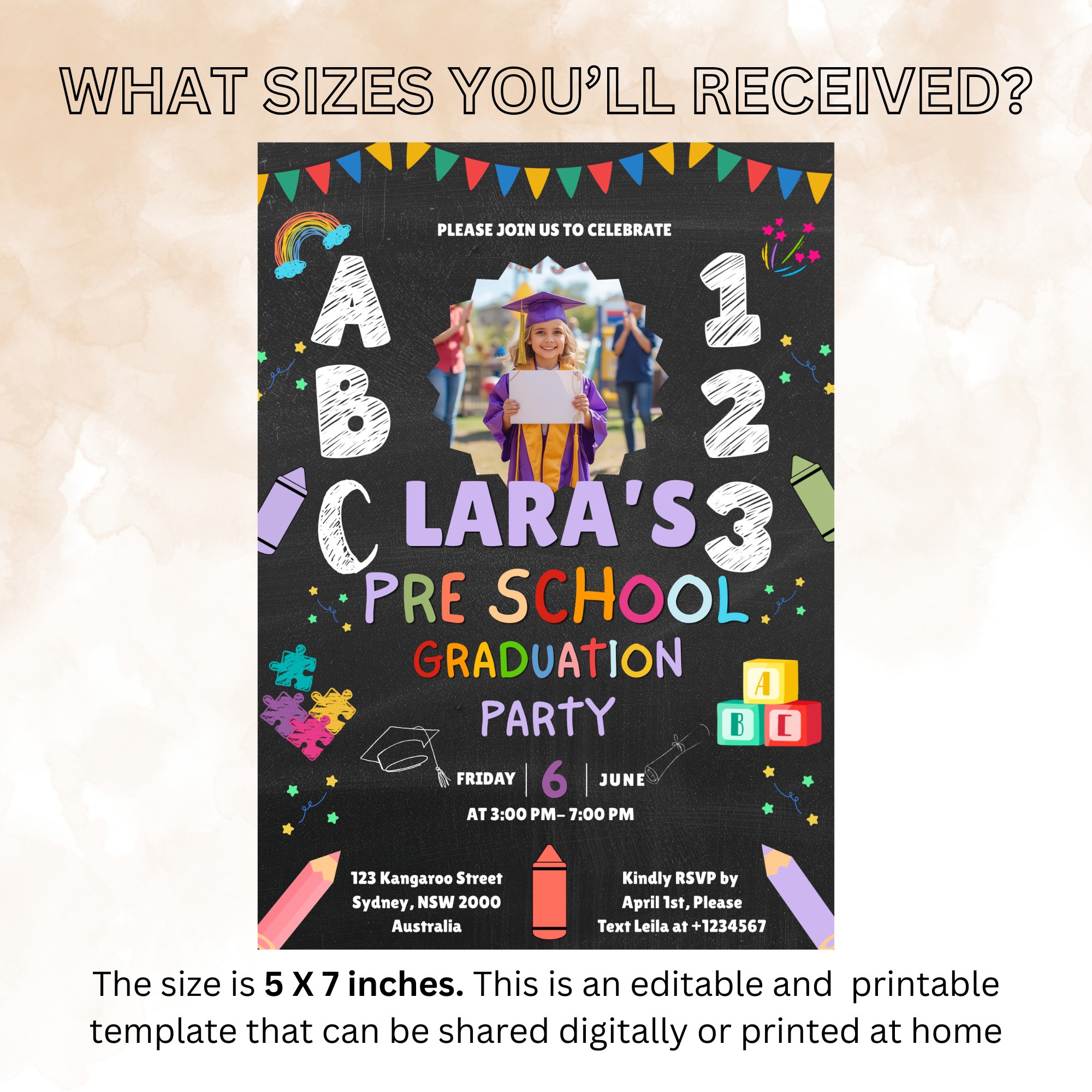 Kindergarten Graduation Invitation with Photo, Pre K Grad Invite, Class of 2026 Kids Graduation Party, Preschool Editable Canva Template