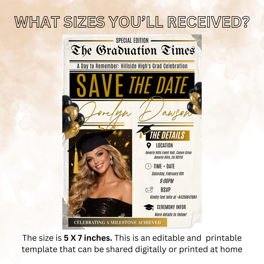 Graduation Save the Date Invitation with Photo, Newspaper Grad Announcement Invite for High School or College, Black Gold Printable Template