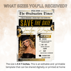 Graduation Save the Date Invitation with Photo, Newspaper Grad Announcement Invite for High School or College, Black Gold Printable Template