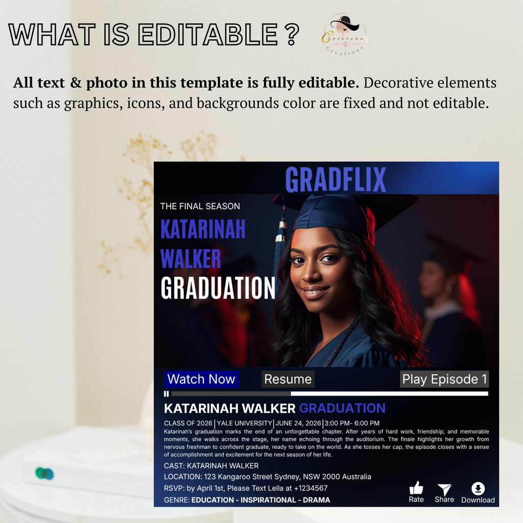 Graduation Invitation with Photo for Him and Her, Movie Theme Blue Streaming Style Grad Party Invite Class of 2026, Editable Canva Template