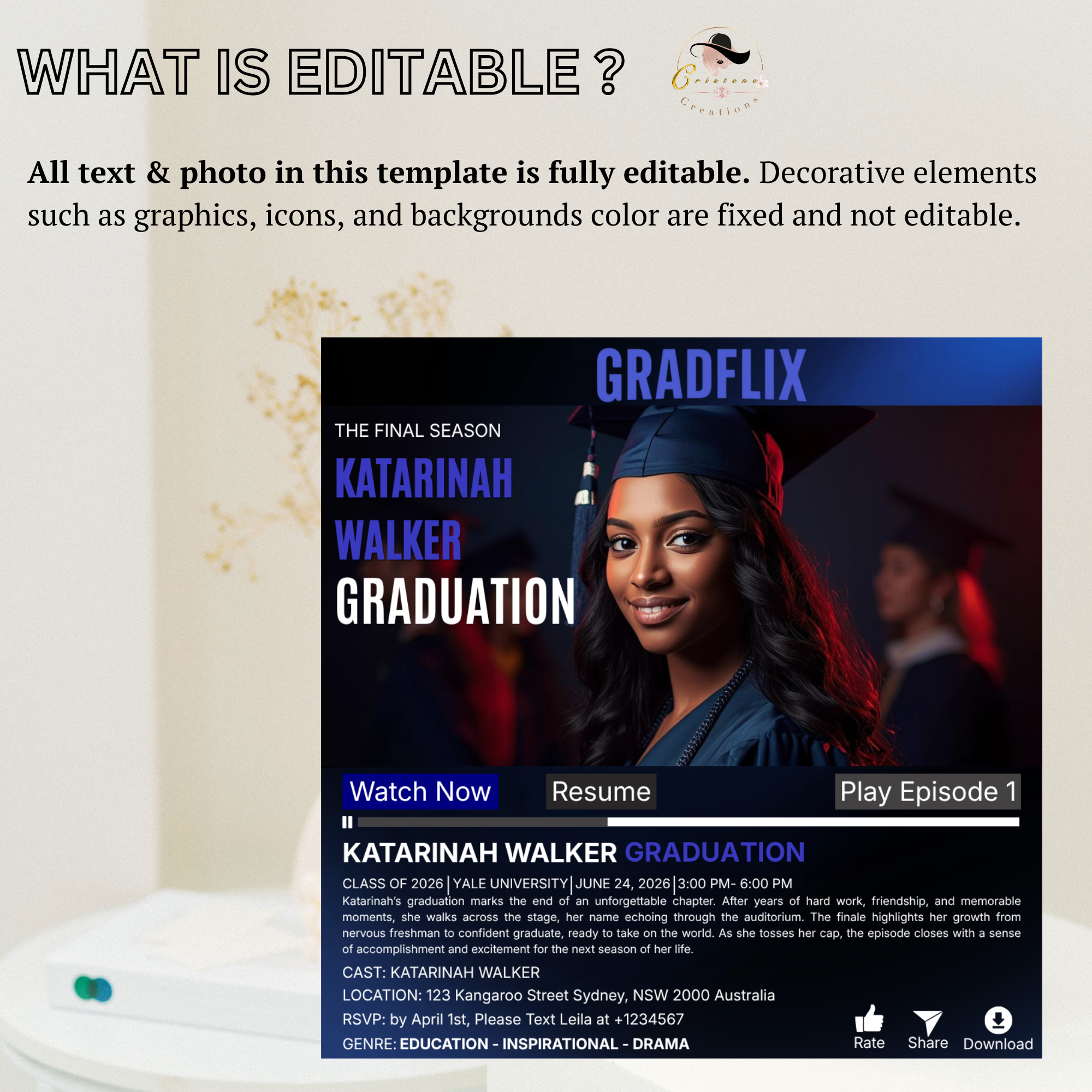 Graduation Invitation with Photo for Him and Her, Movie Theme Blue Streaming Style Grad Party Invite Class of 2026, Editable Canva Template