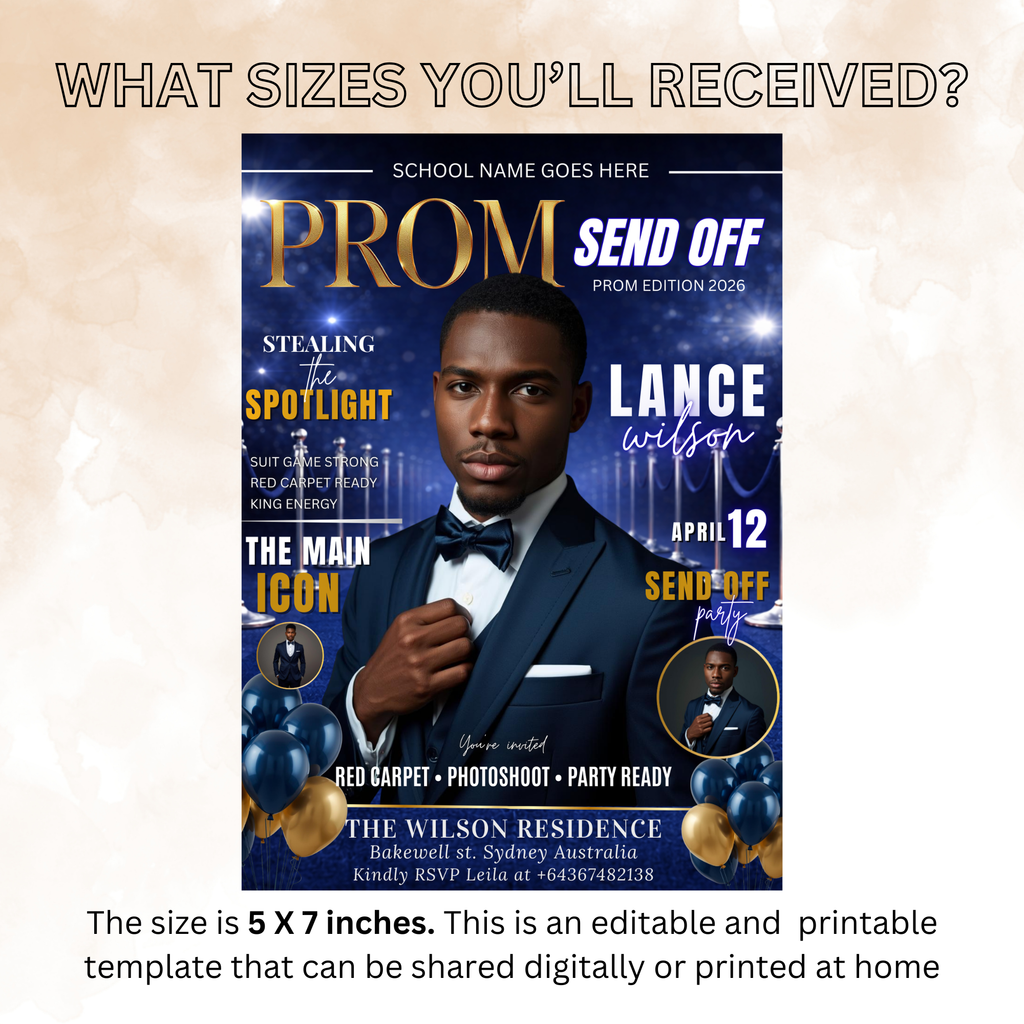 Boy Prom Send Off Party Invitation, Prom King with photo invite, Blue Prom Night Flyer Card, High School Prom Digital Printable Template