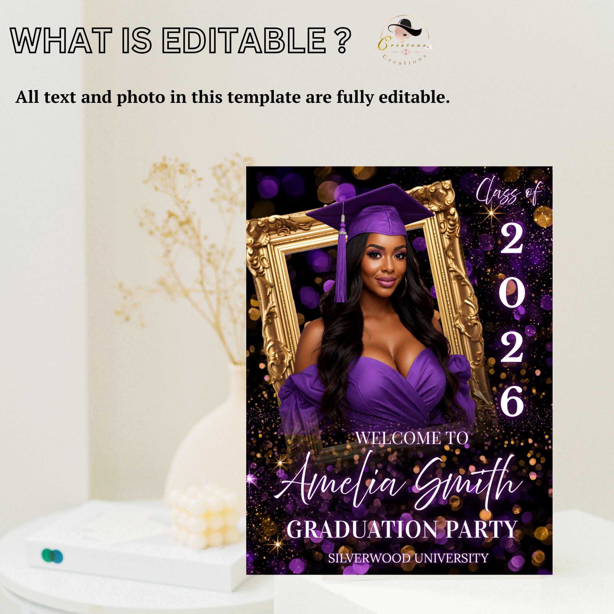 Purple Graduation Welcome Sign with Photo, Class of 2026 Senior Grad Party Sign for Him and Her, High School College Editable Canva Template