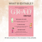 Pink Graduation Signature Drinks Menu Sign, Senior Grad Bar Menu Template for Her, Nurse Cocktail Menu, Class of 2026 Canva Printable