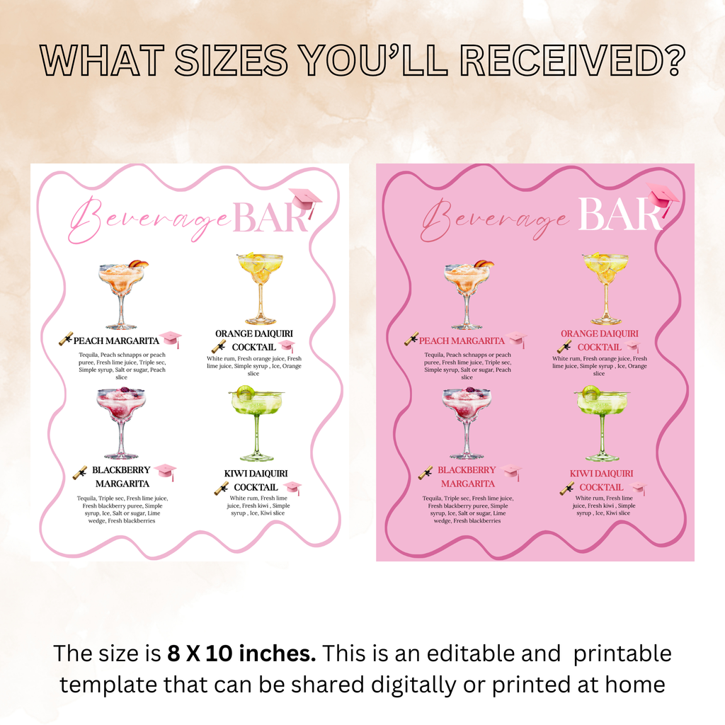 Graduation Drink Sign Template, Signature Drinks Bar Menu, Class of 2026 High School College Grad Party Menu, Editable Canva Printable