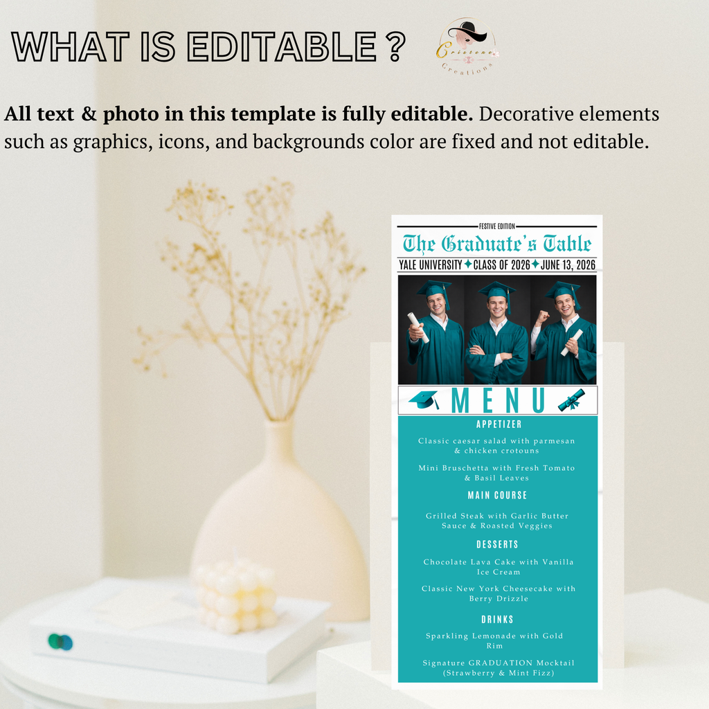 Teal Graduation Newspaper Menu Template with Photo, Senior Grad Party Dinner Menu for High School College, Girl Boy Canva Printable Card
