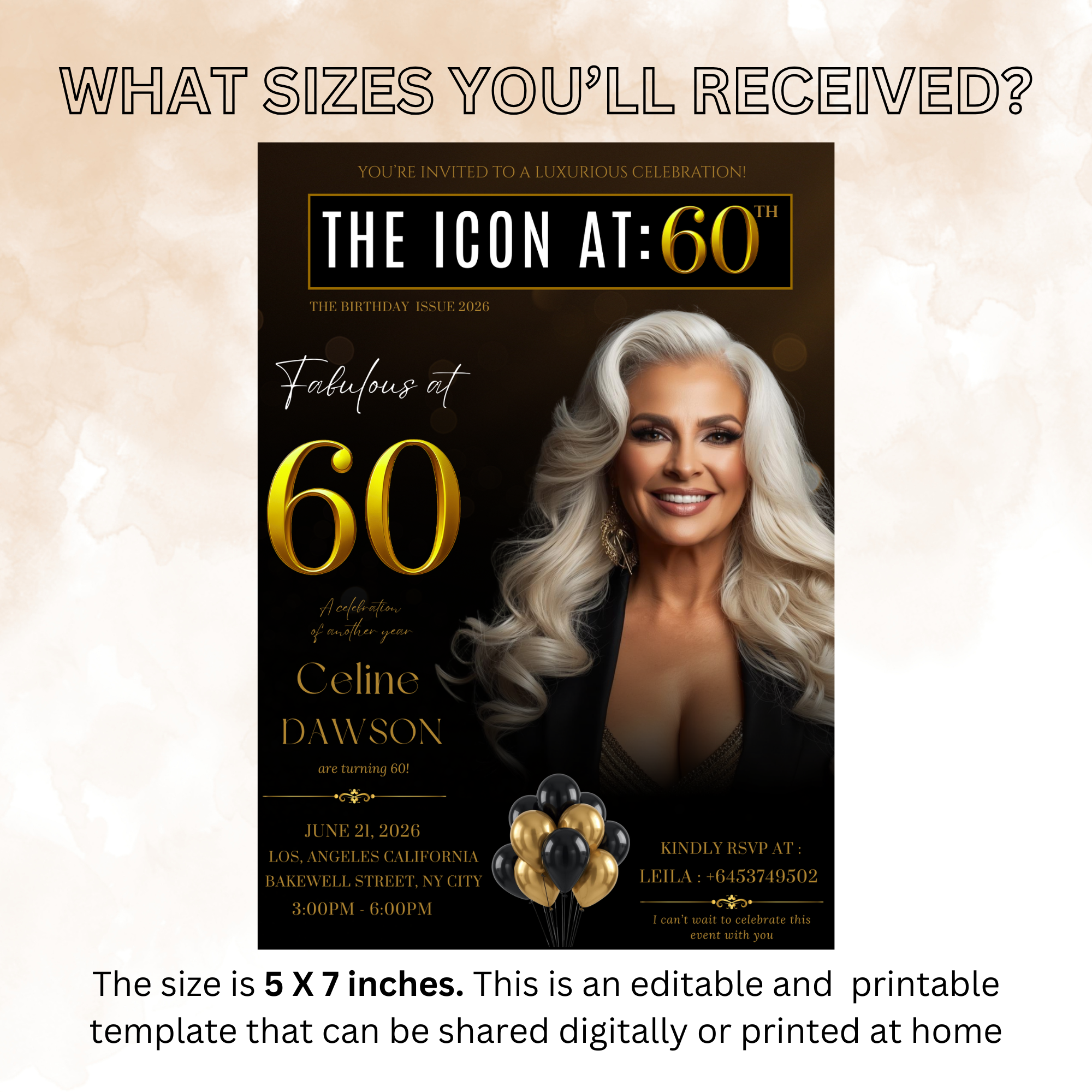 Black Gold 60th Birthday Invitation, 60 and Fabulous Invite, Elegant Party Dinner Brunch, Sixtieth Birthday Card, Photo Canva Template