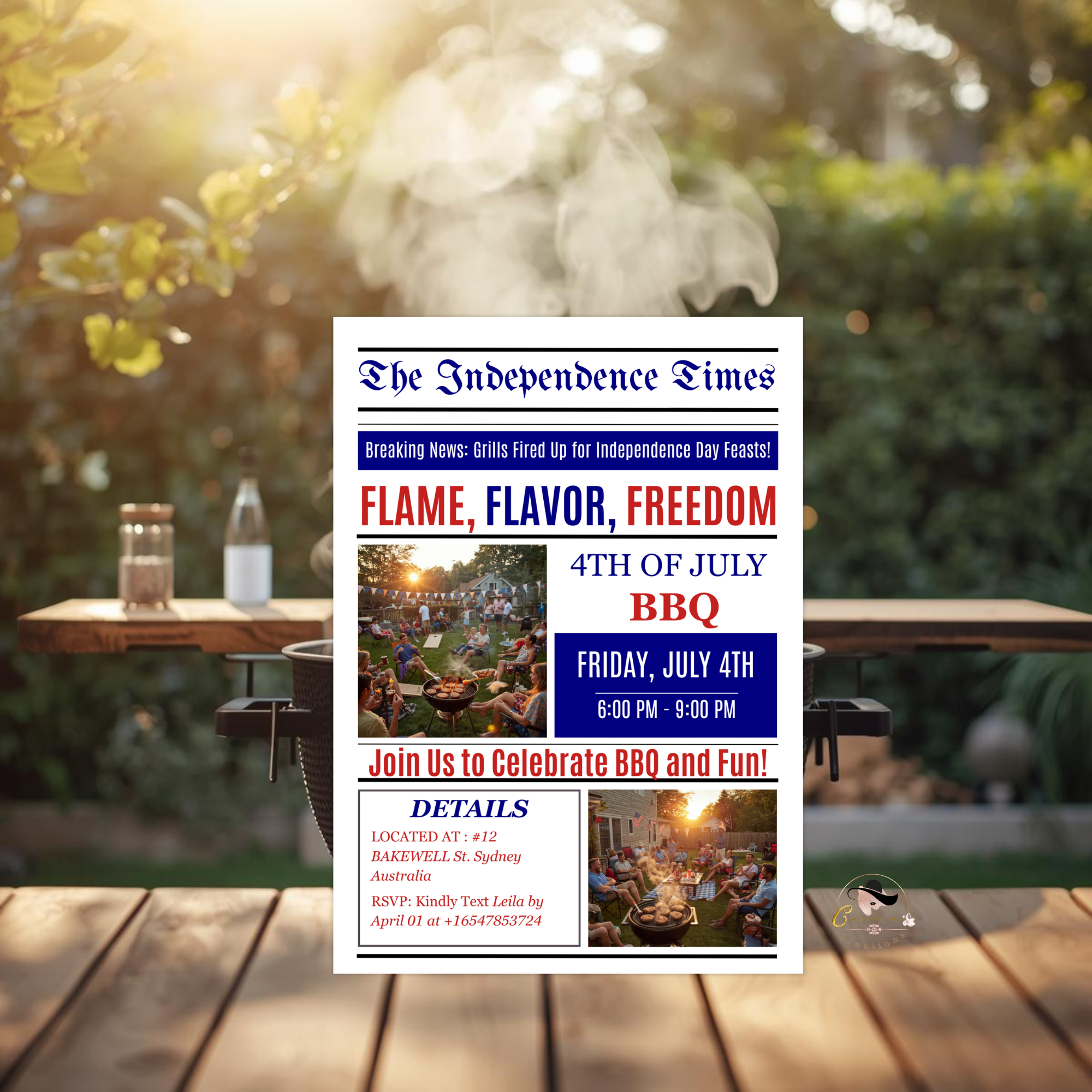 Newspaper 4th of July BBQ Party Invitation with Photo, Patriotic Cookout Invite Independence Day Fireworks Invite Printable Digital Template