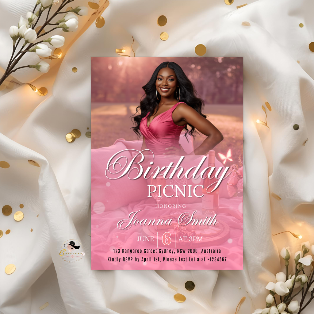 Pink Picnic Birthday Invitation with Photo, Adult Girl Summer Party Invite, Picnic at the Park Invite, Printable Editable Canva Template