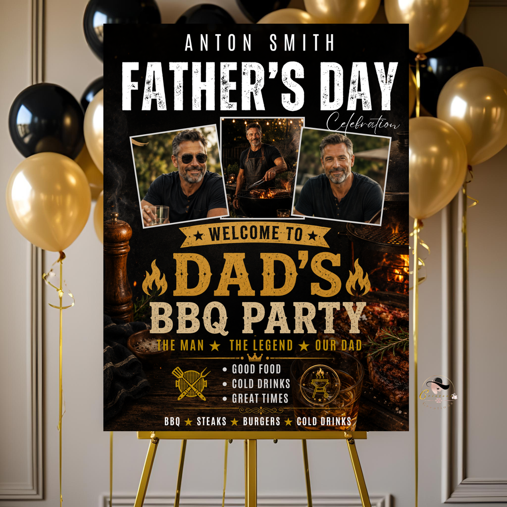 Father’s Day BBQ Party Welcome Sign with photo, Dad Barbecue Cookout Poster Sign, Backyard Grill Summer Pool Party, Printable Canva Template