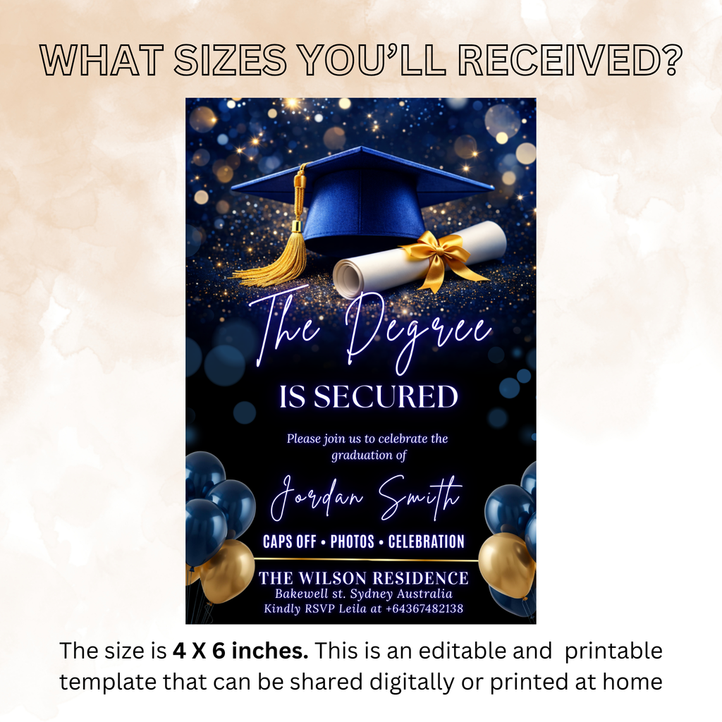 Graduation Announcement Invitation, Senior Grad Party invite, Class of 2026, Boy Girl Flyer Card, Blue Gold Digital Printable Template