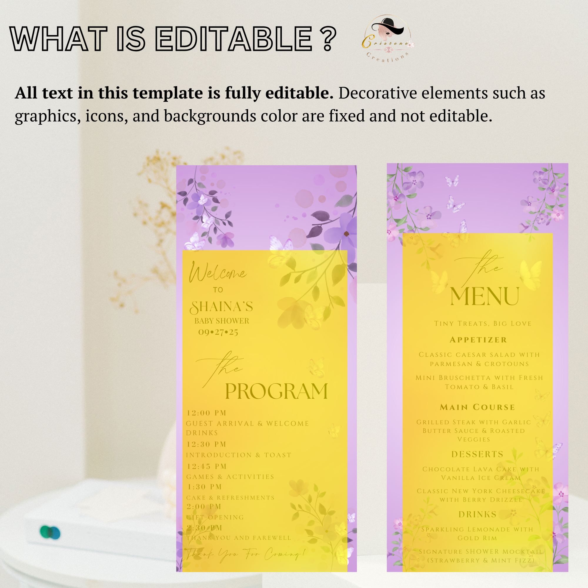 Wildflower Baby Shower Menu and Program Template, Baby In Bloom Menu Card Purple Butterfly Themed, Order Of Events, Canva Printable Template