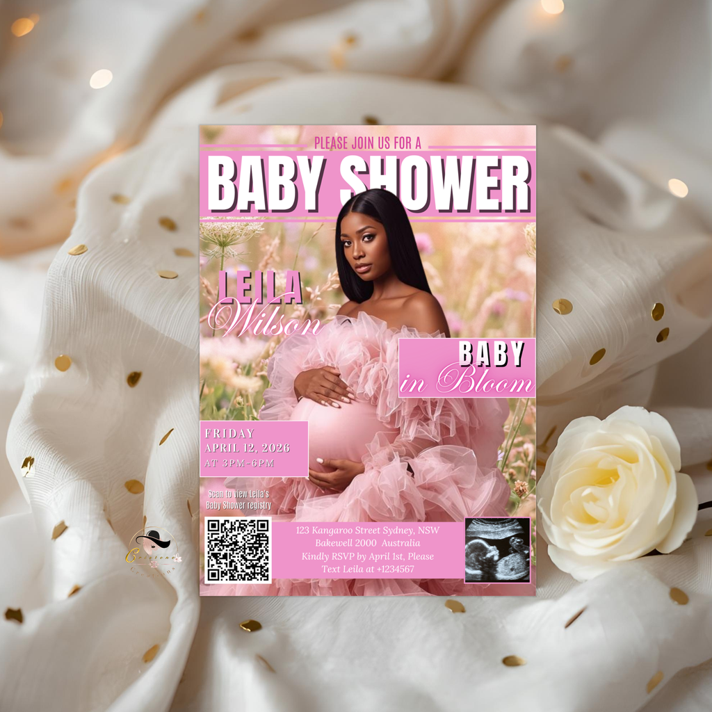 Wildflower Baby Shower Invitation with Photo, Pink Floral Baby Girl Shower Invite, Baby In Bloom, Printable Editable Digital Canva Template