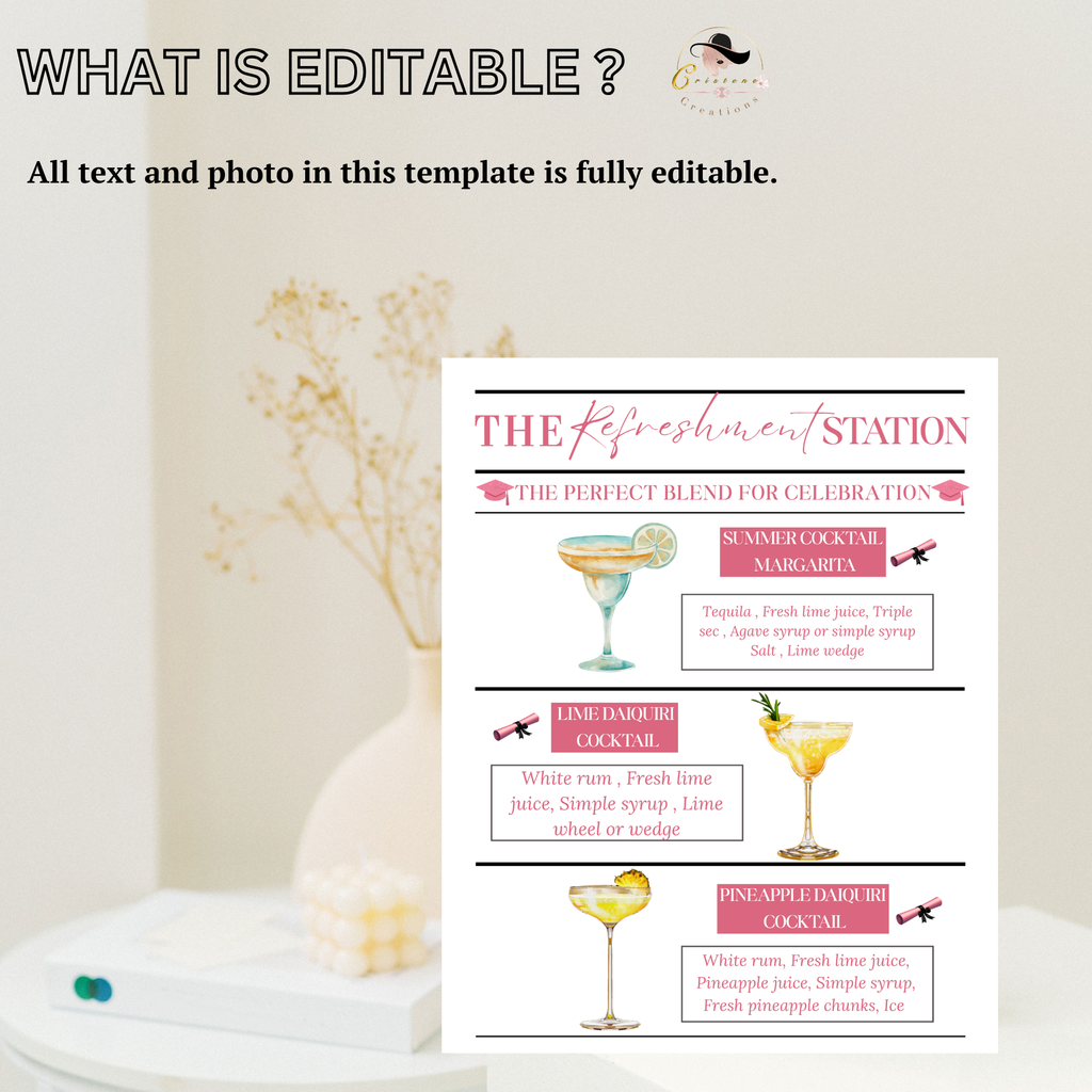 Graduation Bar Menu Template, Signature Drinks Soda Station Sign, High School College Grad Party Drinks, Refreshment Menu, Canva Printable