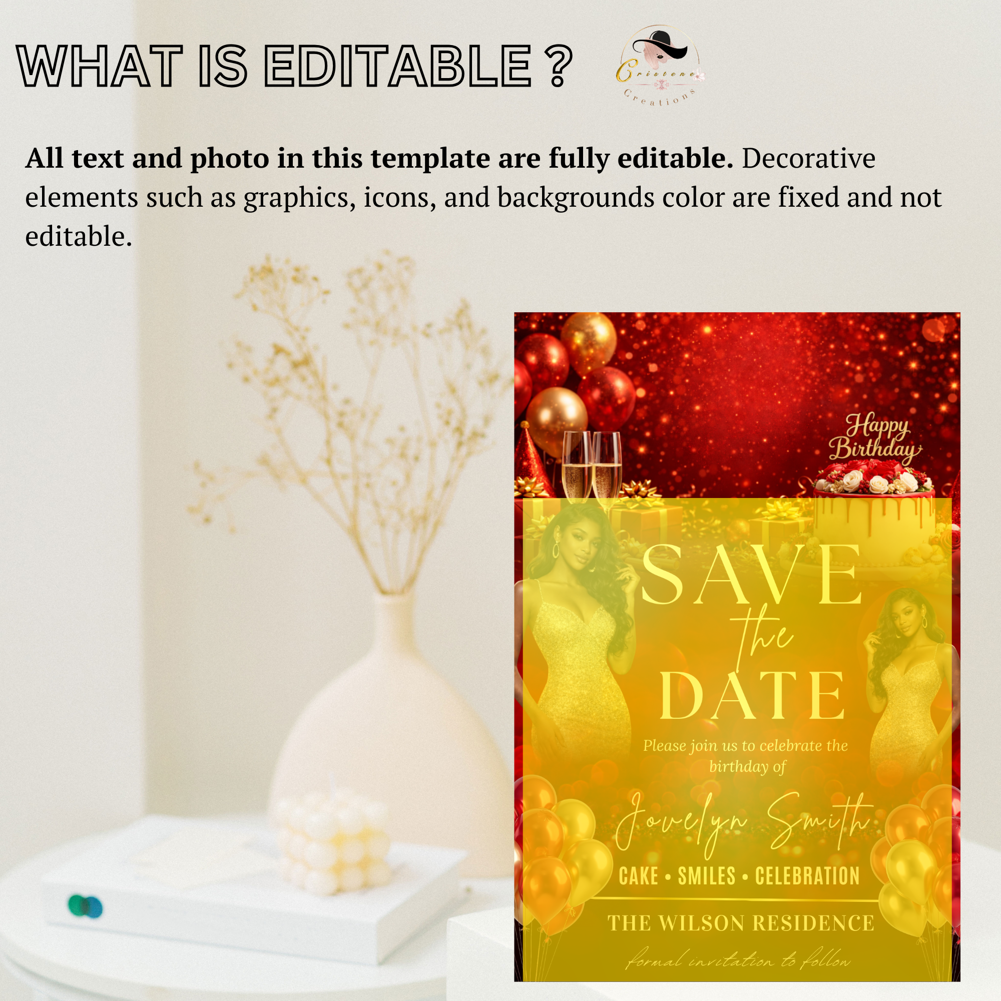 Save the Date Invitation, Save Date Birthday Party with photo Invite, Elegant Dinner Event Card, Red Gold Printable Digital Template