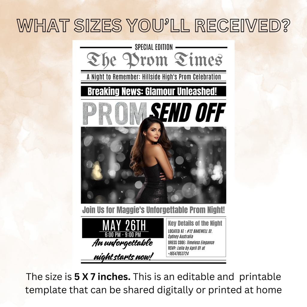 Newspaper Prom Send Off Party Invitation, Prom Queen with photo invite, Teen Boy Prom Night Party Flyer Card, Digital Printable Template