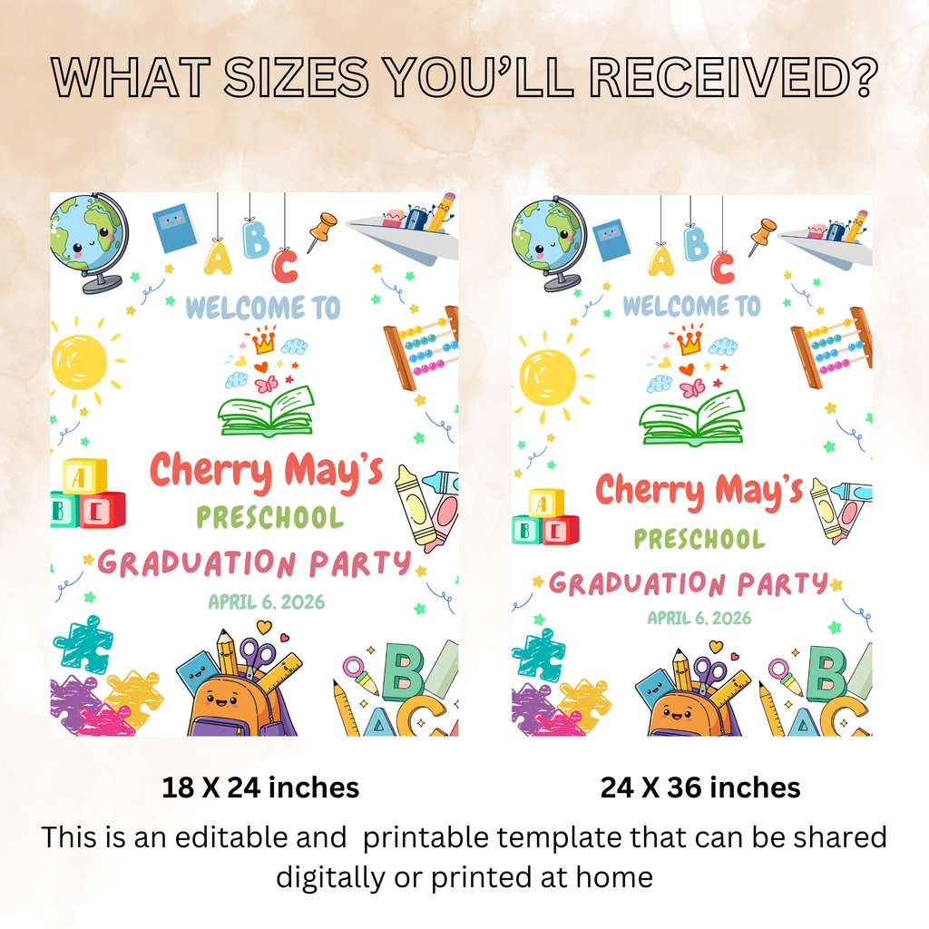 Preschool Graduation Welcome Sign, Pre-K Kindergarten Class of 2026 Party Poster Sign, Colorful Kids Grad, Editable Canva Printable Template
